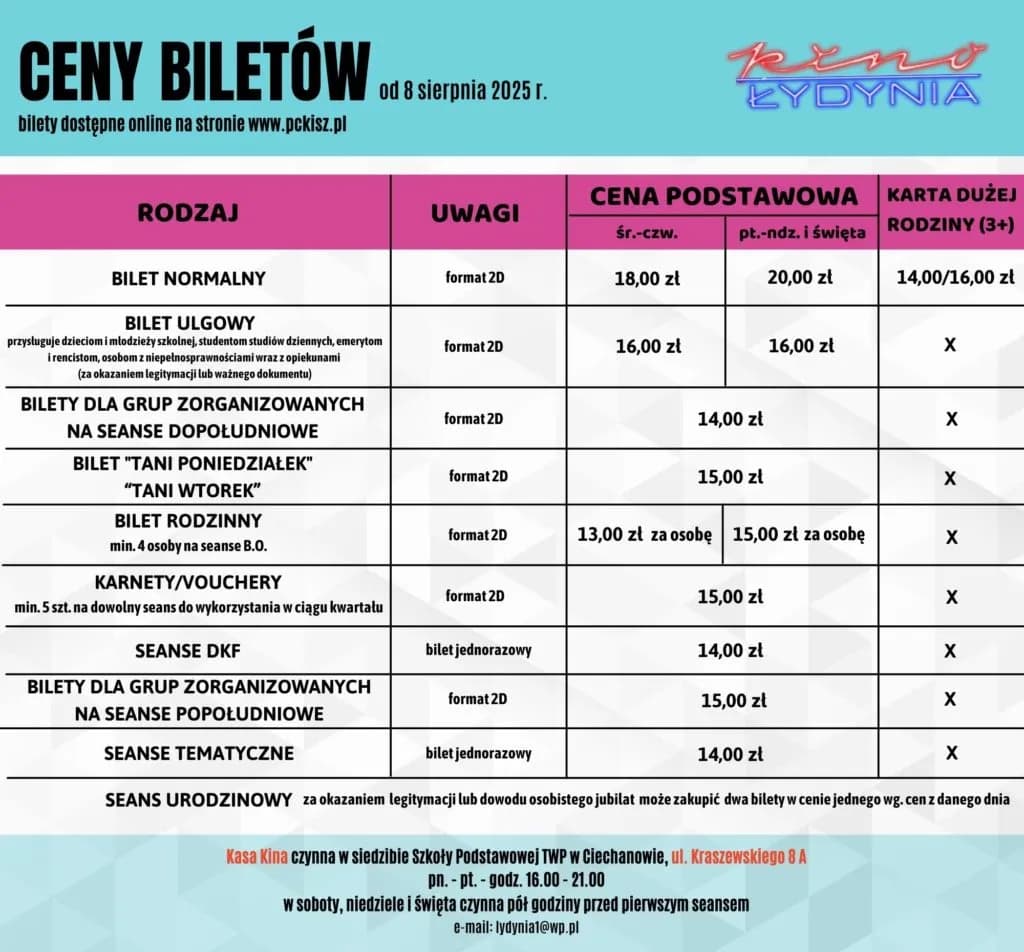 Kino Ciechanów - Repertuar, Bilety, Adres